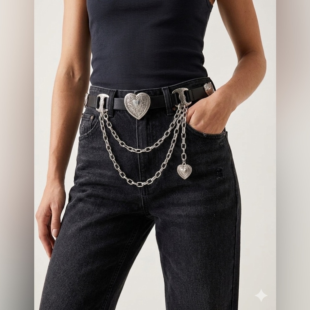 🆕 Western Black & Silver Heart Concho Charm Drape Belt | Elegant Chain Belt